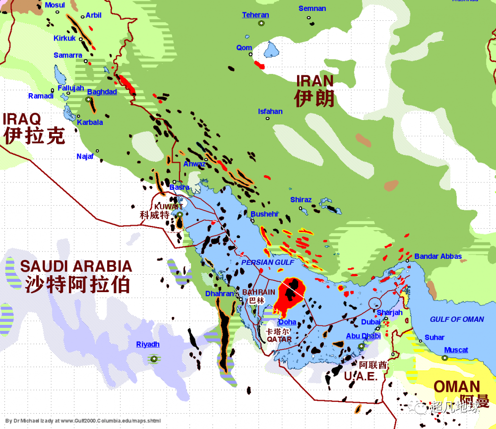 ▼黑色为石油,红色是天然气波斯湾沿岸油气分布图这块油田就位于沙特