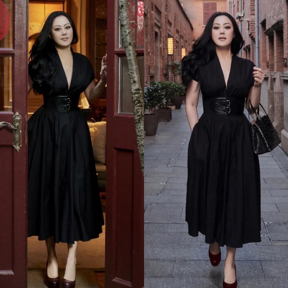 章小蕙衣品真的很高级,穿黑色连衣裙配腰封,满满的国际范_腾讯新闻