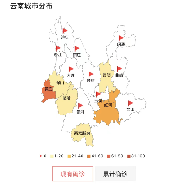 昆明,保山,临沧和西双版纳有零星确诊,大理在疫情地图上是白色的