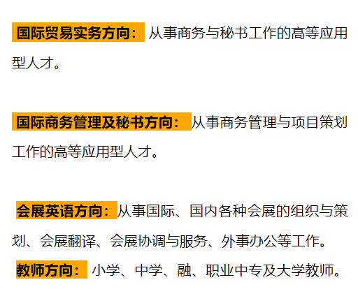 畢業生可在國際商務公司,外資企業,三資企業,民營企業,金融機構,跨國