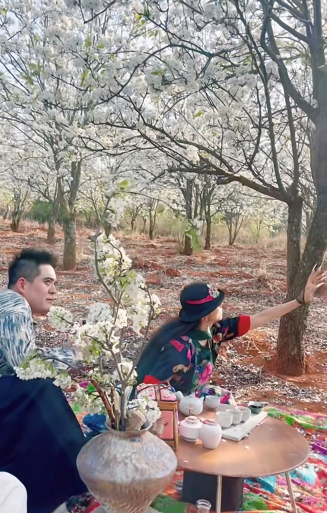 杨丽萍姐妹俩赏花品茶为拍照扯树枝摇花瓣雨妹妹戴大玉戒抢镜