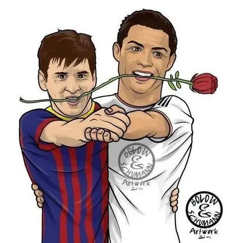 c罗,梅西合照的卡通漫画,一对互相成就,相爱相杀的……恋人