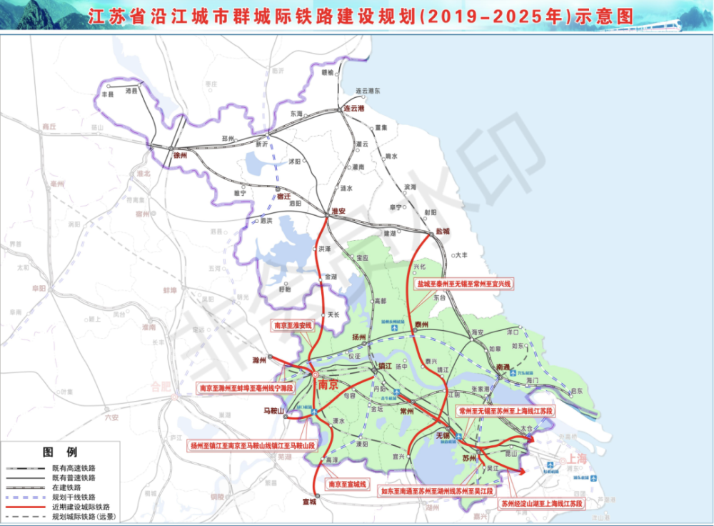 江蘇省沿江城市群城際鐵路建設規劃(2019-2025年)示意圖 圖片來源