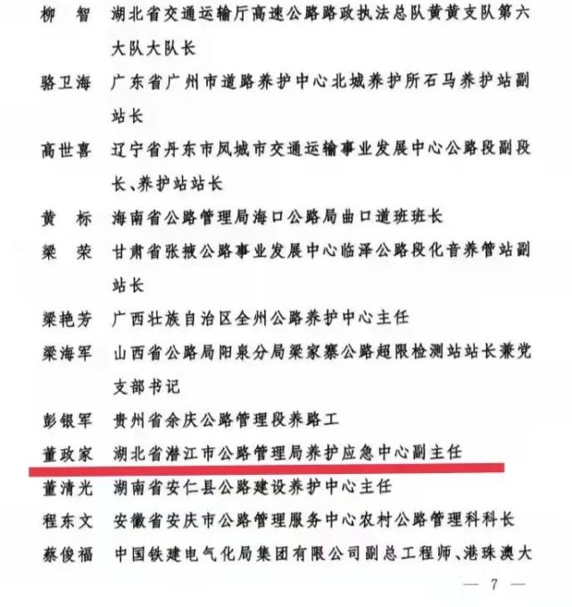 潜江董政家荣膺首届全国"十大最美公路人"