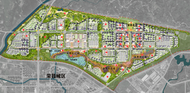 玉带河公园位于黄金坡新区,南接城区,北连成渝城际高铁荣昌北站,是集