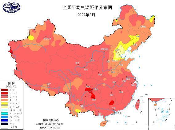 全國平均氣溫距平分佈圖(國家氣候中心 中央氣象臺/發)民聲天下4月1