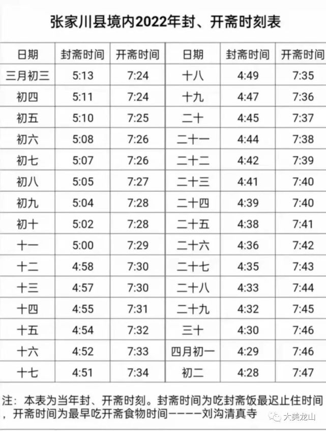 张家川县境内2022年封开斋时刻表