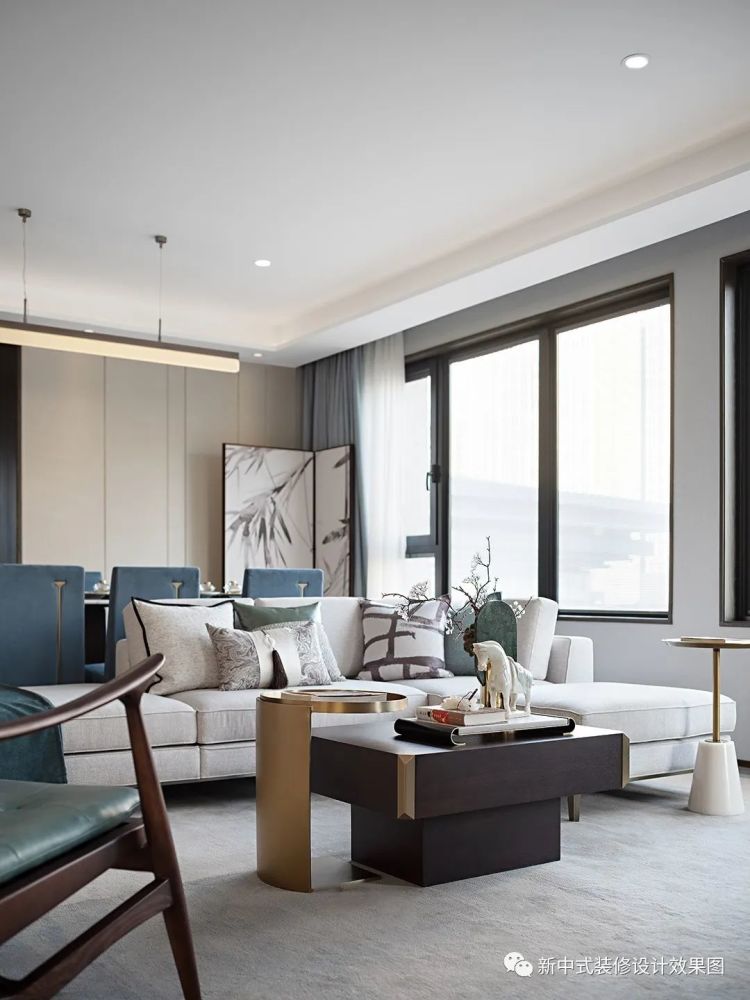 126平新中式风格装修横厅格局大开间主卧琉璃蓝木色设计温润大气高级