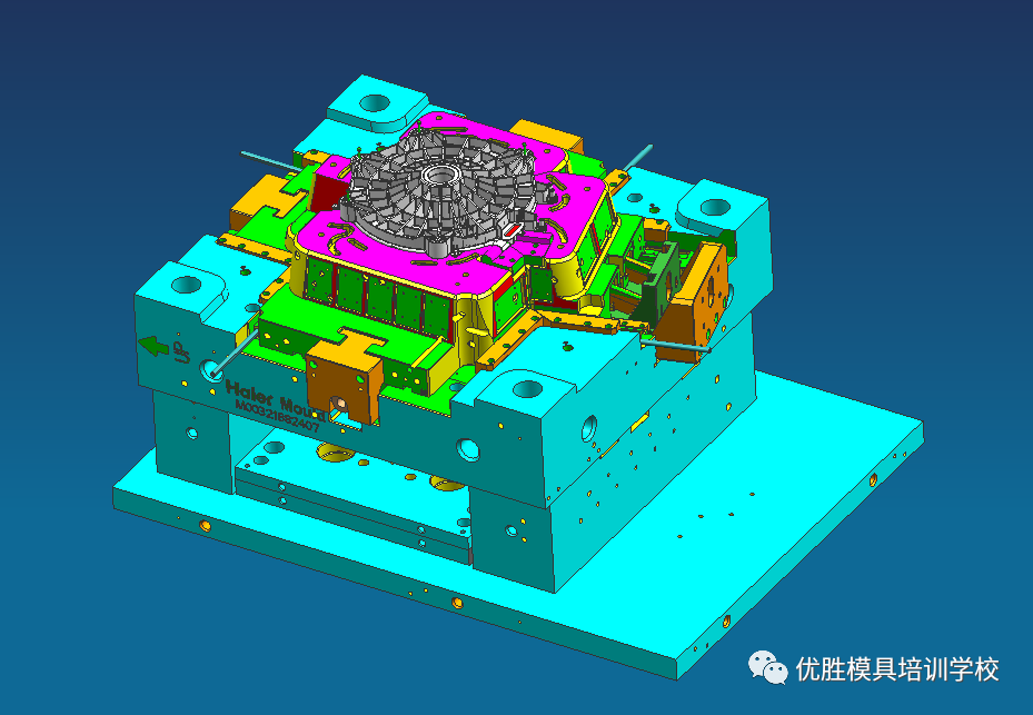 海尔洗衣机波轮四面油缸大滑块复杂3d模具结构