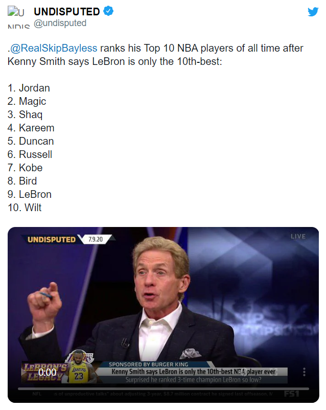 在nba75大盛典期间,斯基普-贝利斯评出了他心目中的all time前十球员