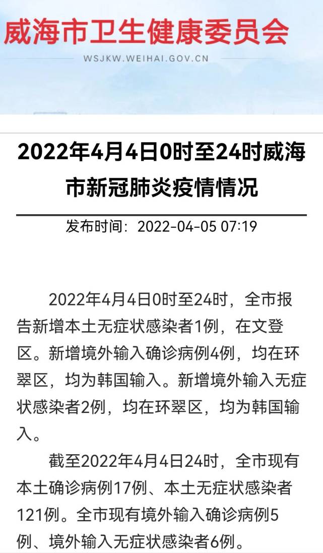 2022年4月4日0时至24时威海市新冠肺炎疫情情况