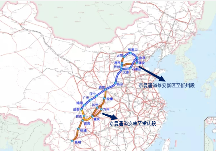 京昆高鐵項目新建正線長約343km,線自雄安站京雄場引出,終至忻州西站