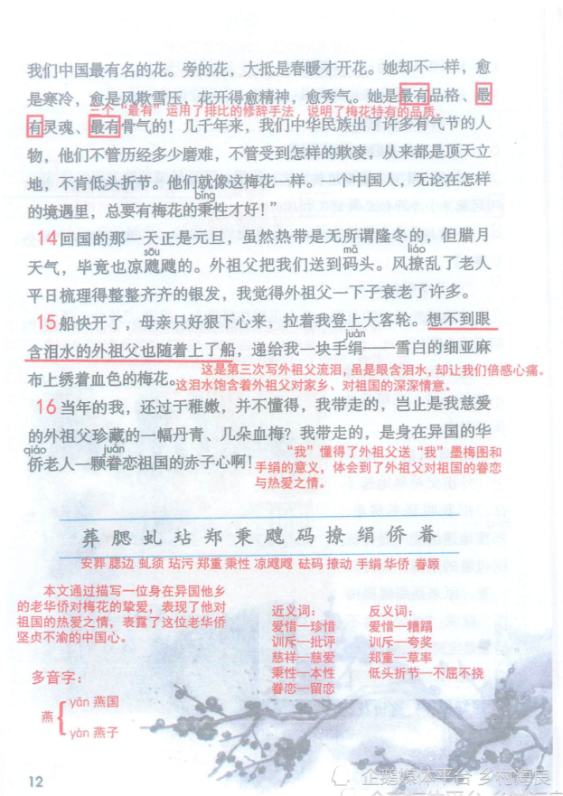小学五年级语文4课梅花魂课堂笔记练习题及阅读题