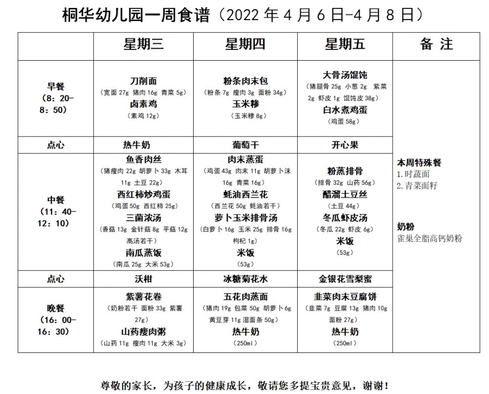 桐華幼兒園一週食譜2022年4月6日4月8日