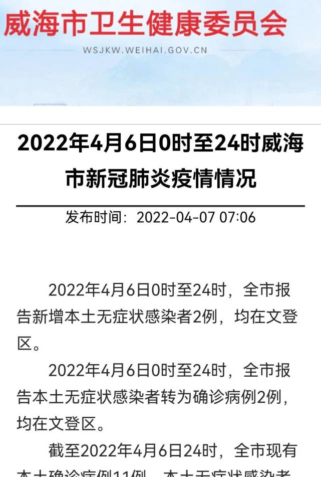 2022年4月6日0时至24时威海市新冠肺炎疫情情况