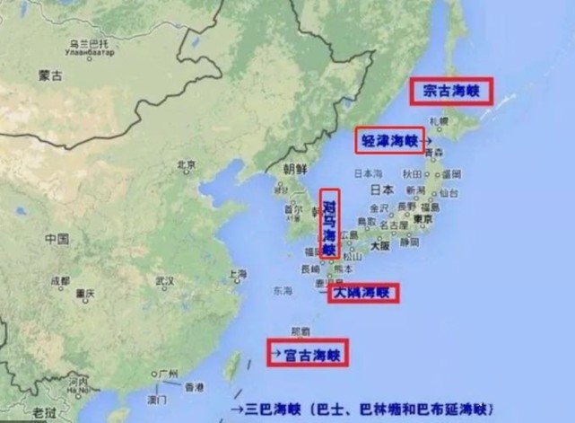 从北向南分别是宗谷海峡,津轻海峡,对马海峡,大隅海峡和宫古海峡,鉴于