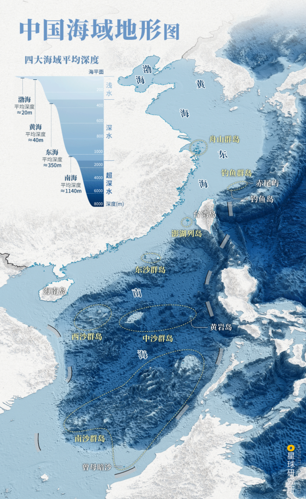 下圖為中國海域地形圖,製圖@鄭藝/星