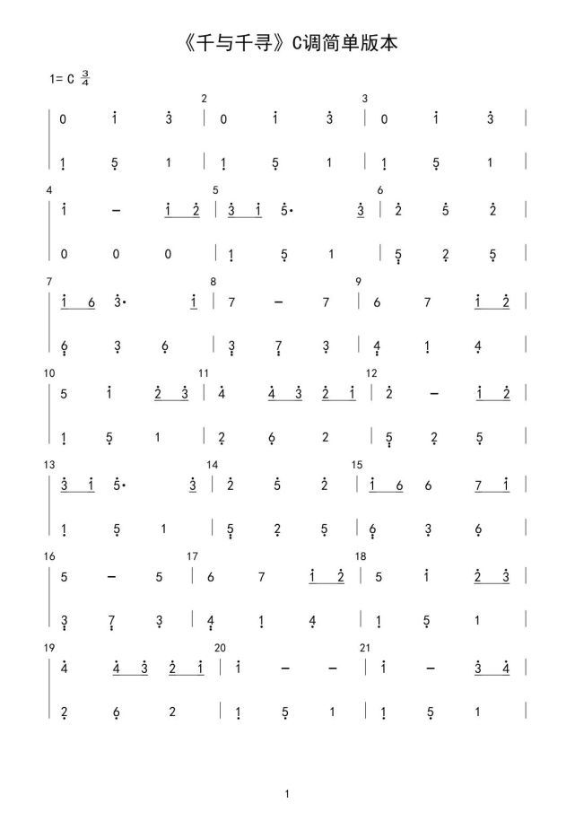 【钢琴】千与千寻c调简单版(简谱)