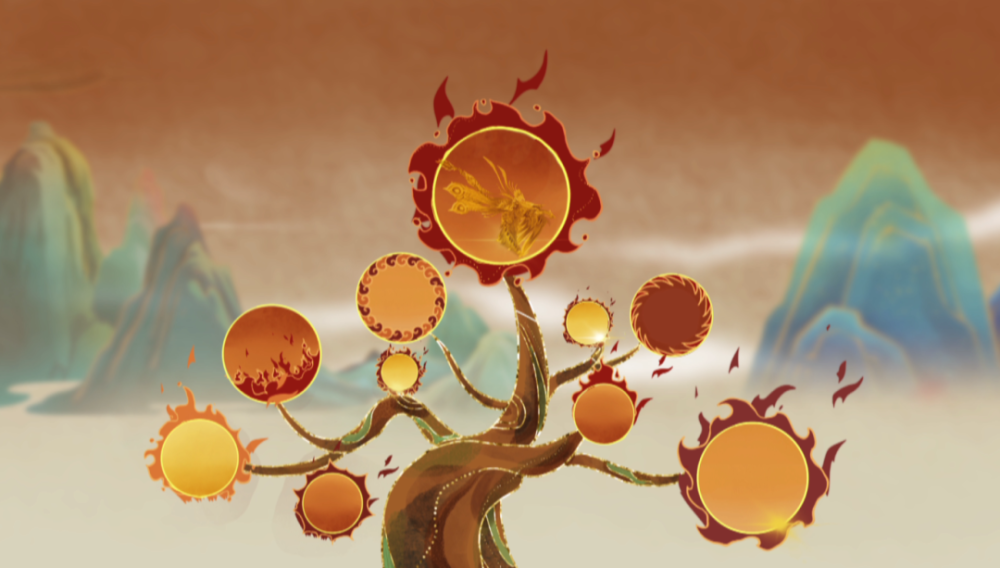 回看罗泊湾1号墓出土的九枝灯,树枝分为三层,每层有三枝,枝上立着一只