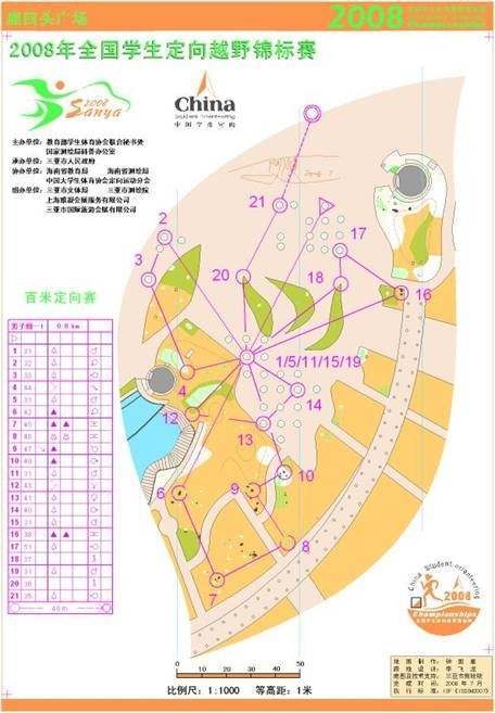 我们一起看看2008年全国学生定向锦标赛的百米定向图,注意:图中路线以