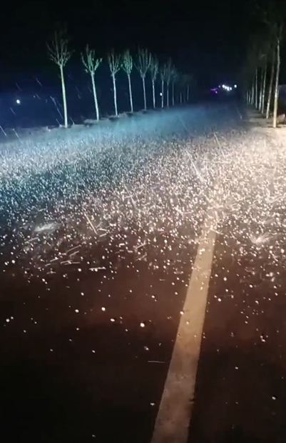 冰雹夜袭河南新乡白天34度晚上泥地满是鹌鹑蛋大小冰雹