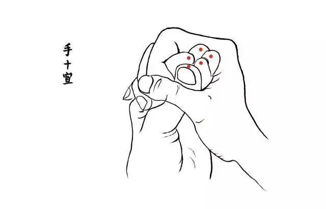 十宣穴位于人体十根手指尖,距离手指甲与手指肉边缘0.