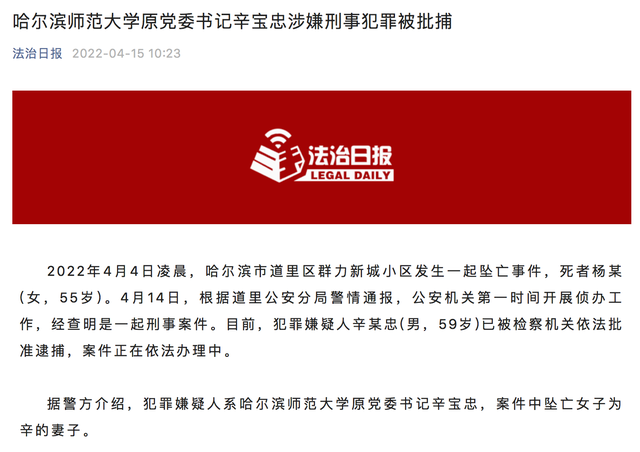 55岁妻子坠亡，哈尔滨师范大学原党委书记辛宝忠涉嫌刑事犯罪被批捕