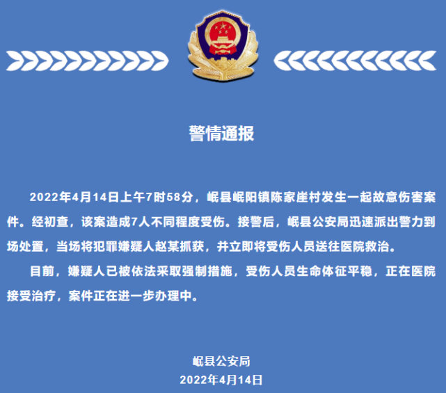 甘肃发生一起伤人事件致7人受伤目击者群众合力制服嫌犯