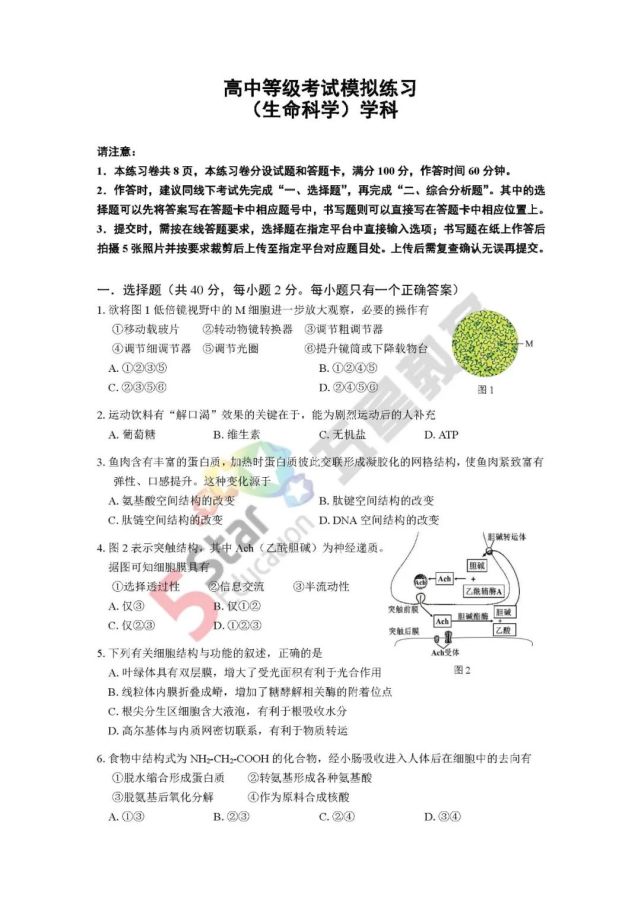 最新2022年闵行区生物地理等级考二模试卷分享
