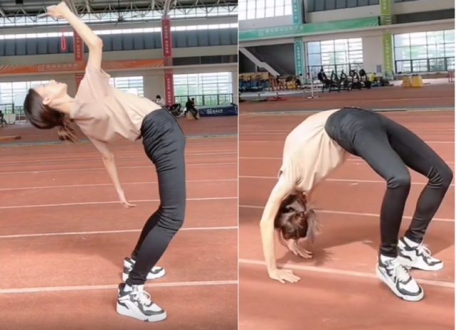 女星金晨边下腰边走路!手脚并用腰肢太柔软,穿紧身裤长腿好抢镜