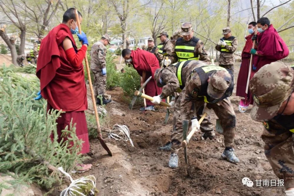 在夏河县阿木去乎镇,贡洪神山银装素裹,山下的阿木去乎寺院却是一派