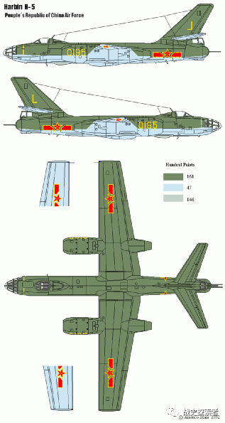 "轰五"机身及机翼彩绘示意图人民解放军空军使用的一架初期型"轰五"