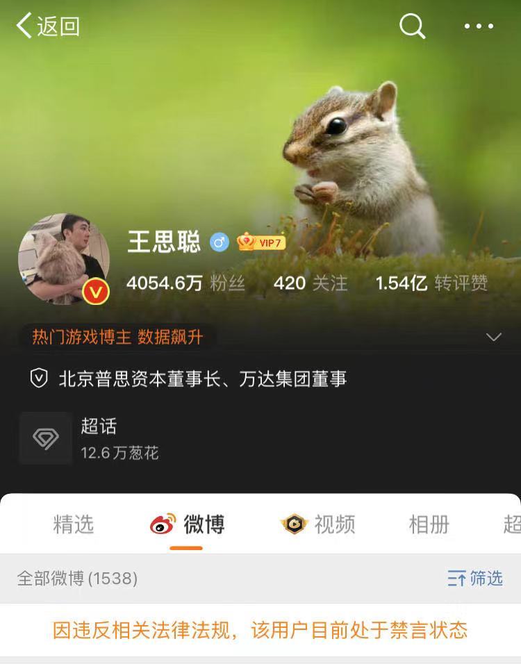 王思聪微博账号被禁言：因违反法律法规银翘散方剂