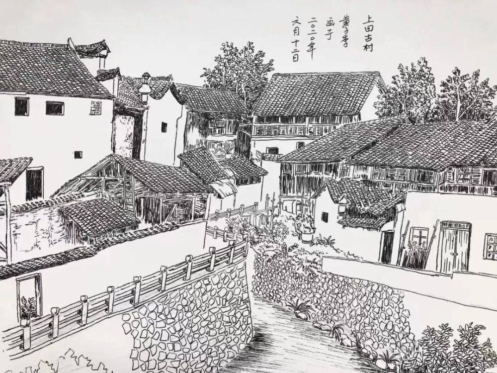 村庄素描画图片