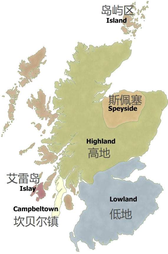 共有五个产区:斯佩塞(speyside),高地(highlands),艾雷岛(islay)