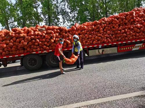 載滿蔬菜的貨車散落一地交警幫忙一一撿拾裝好