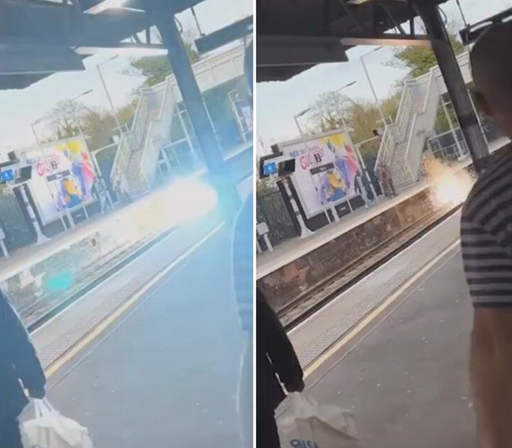 英国三名男子在车站争吵时将自行车扔到铁轨上，瞬间爆炸闪出火光
