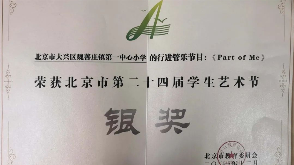 大兴区魏善庄一小管乐团获北京市第二十四届学生艺术节银奖