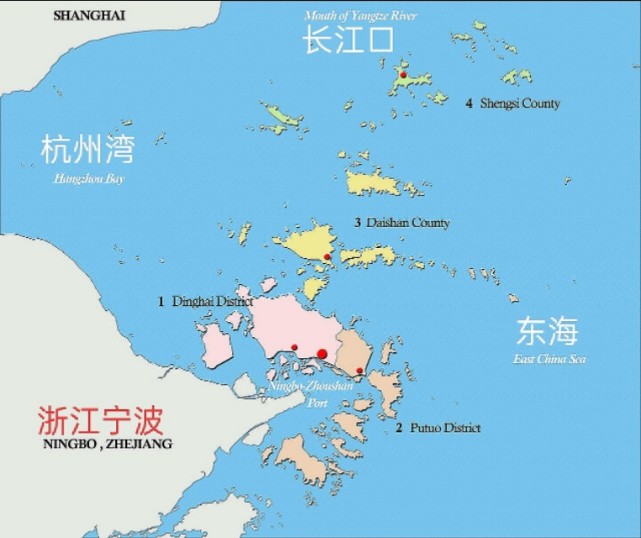 舟山群島行政區劃分佈:定海縣,普陀縣,岱山縣,嵊泗縣舟山漁場位於浙江