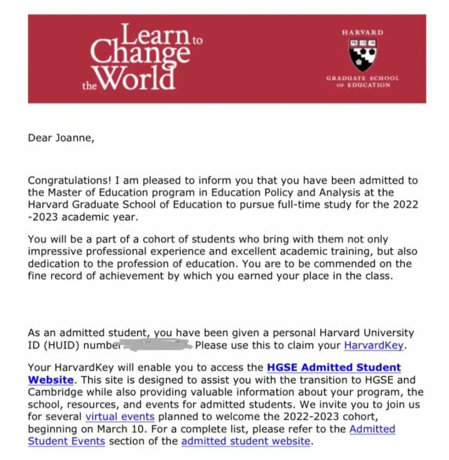 经过不懈努力,最终收获哈佛大学教育学院硕士研究生录取通知书