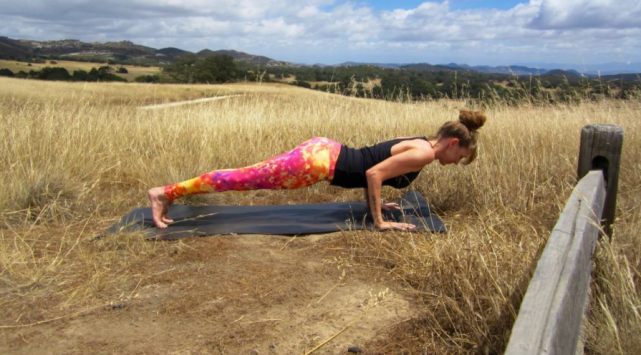 呼氣,將雙手放在墊子上,回到平板式,然後通過 chaturanga dandasana