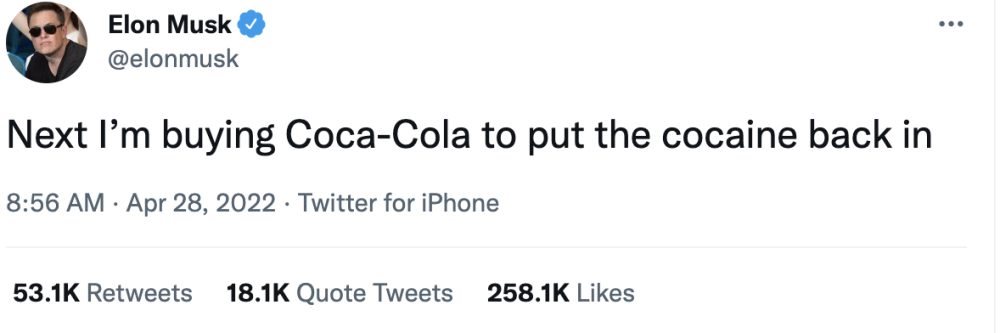 马斯克收购推特后，称“我要收购可口可乐，再把可卡因放进去”高二地理答题模板