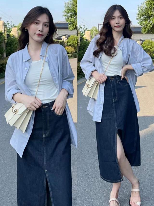 初夏的"开衩牛仔裙"好看又好搭!简约又清爽,照穿就很美插图3