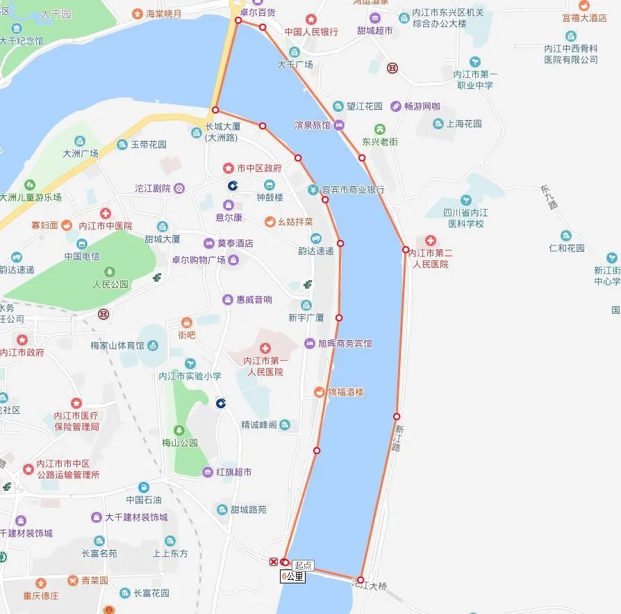 此条线路以沱江大桥(东站转盘)为起点,经西林大桥,最后返回沱江大桥