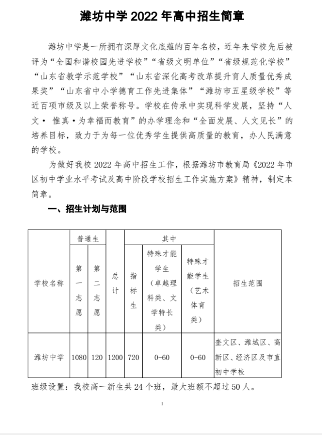 潍坊中学 2022 年高中招生简章