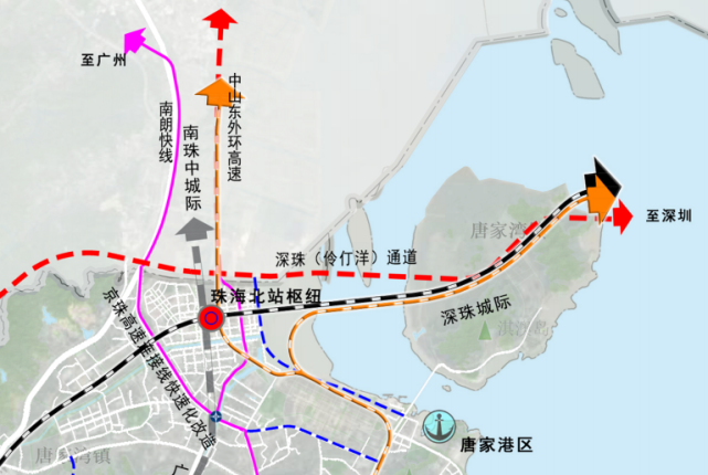 深珠城际始于深圳前海站,于珠海后环片区设站,与珠斗城际,深惠城际