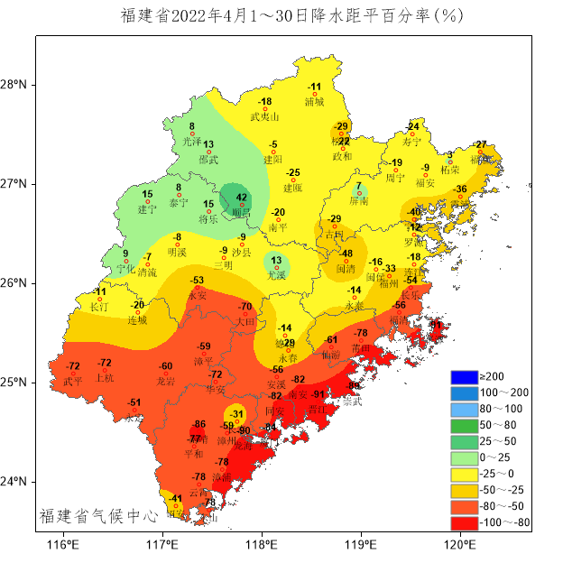 福建省2022年4月降水距平百分率分布图(单位:%)5月是福建强对流天气频