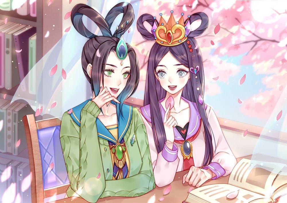 发布的叶罗丽漫画版同人角色图吧,孔雀和罗丽成了校园里的同桌闺蜜