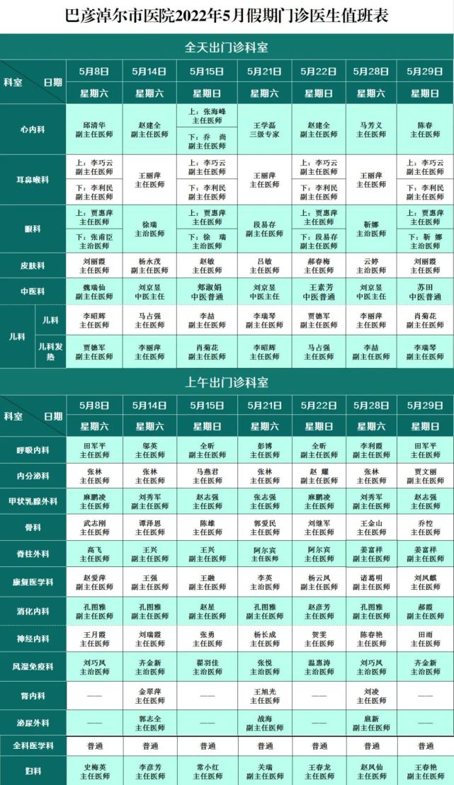 巴彦淖尔市医院周末专家出诊表来了