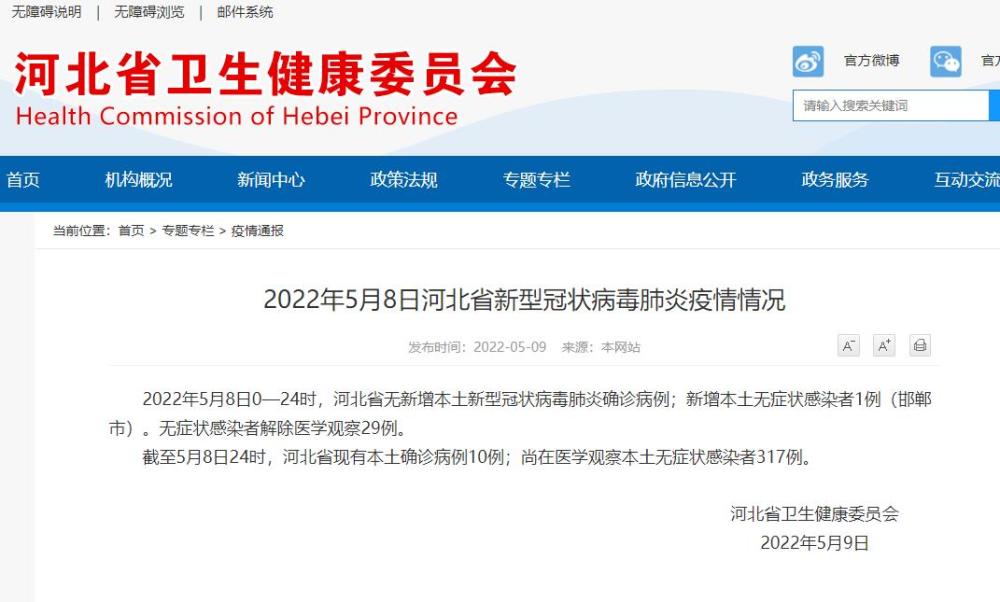 人民网石家庄5月9日电 据河北省卫健委发布的最新消息,2022年5月8日0